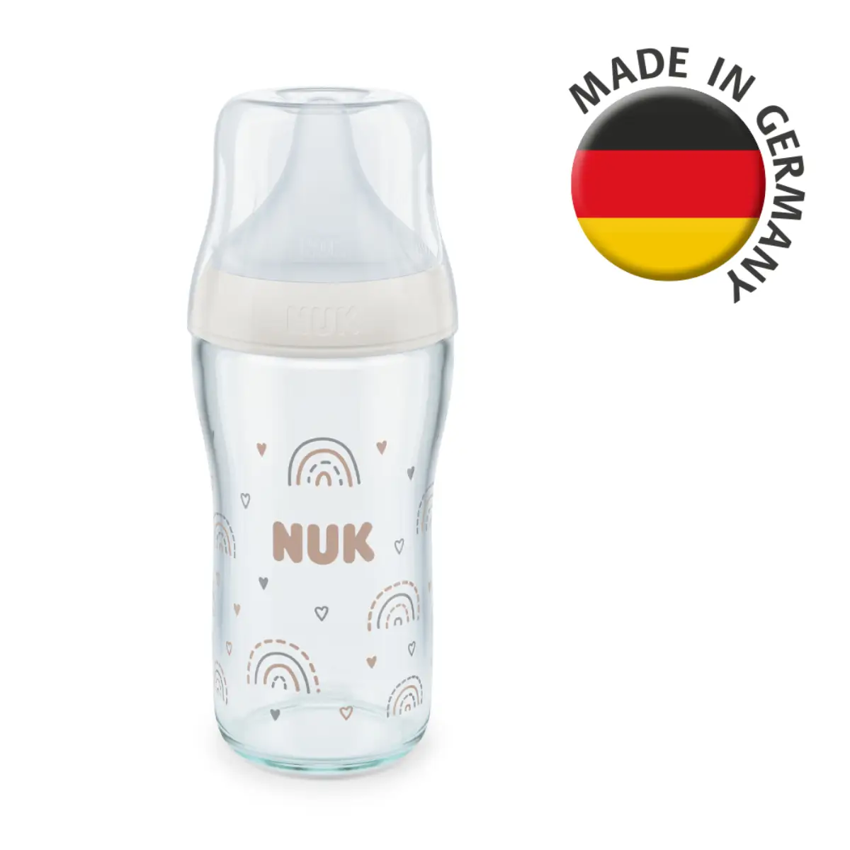 NUK Perfect Match 230ml Glass Bottle with Silicone Teat Medium Size 1pc (Old/New Package Random Delivery)