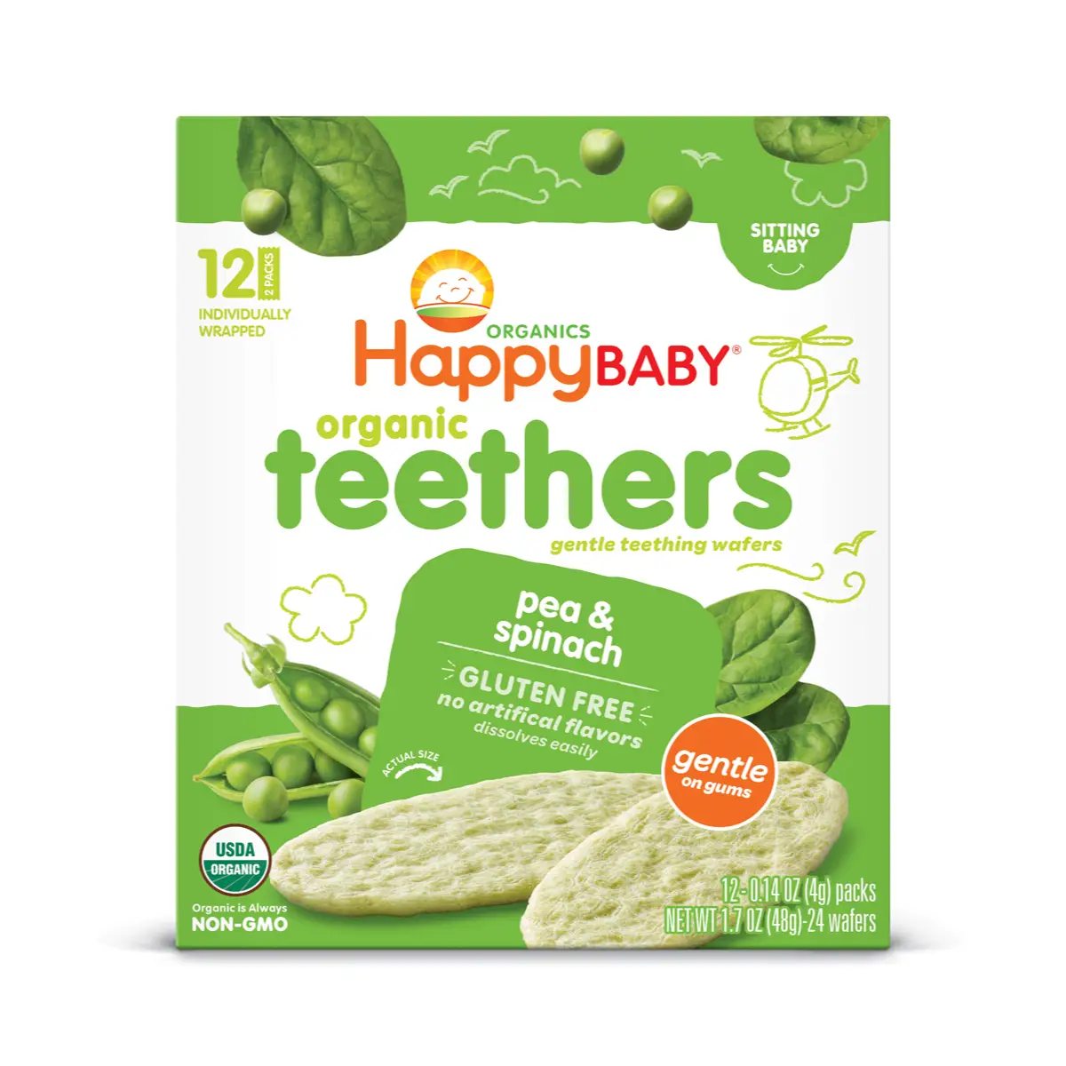 Happy Baby Organics Teething Wafers : Peaspinach 4g x 12 Packs