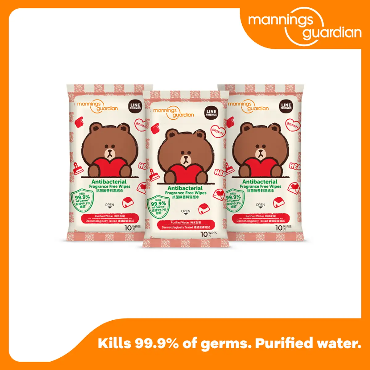 Mannings Guardian Line Friends Antibacterial Fragrance Free Wipes 10 Wipes x 3 Packs