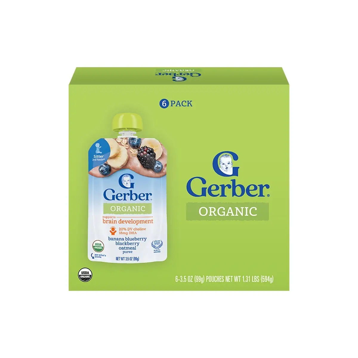 Gerber Organic Banana Blueberry Blackberry Oatmeal Pouch 99g x 6pcs (Random Delivery)