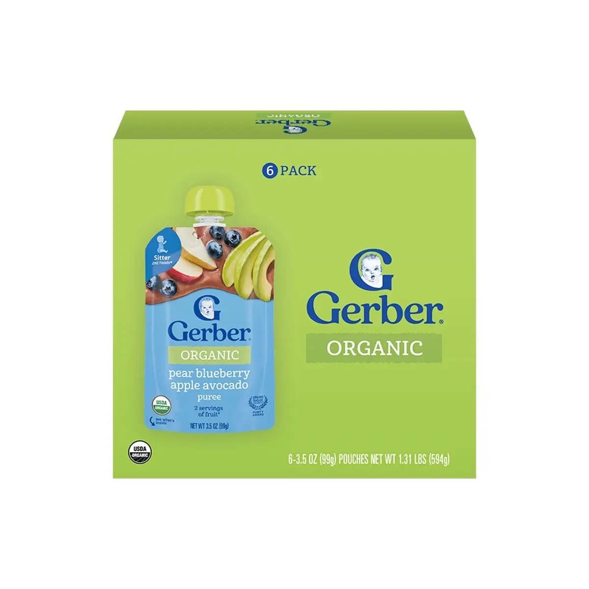 Gerber Organic Pear Blueberry Apple Avocado Fruit Puree Pouch 99g x 6pcs