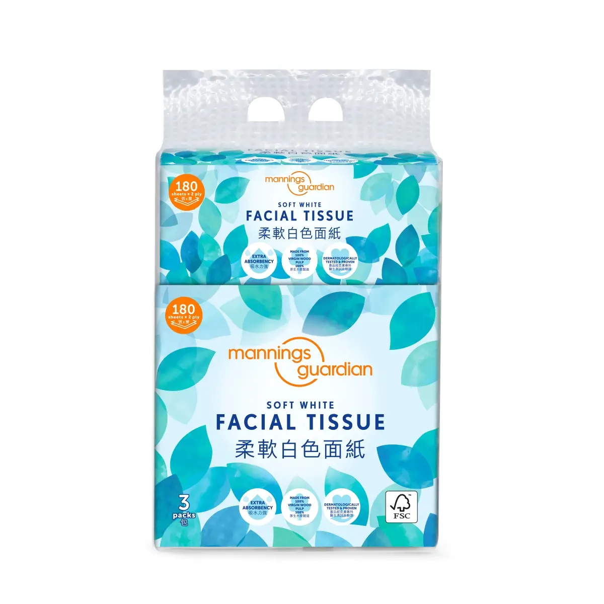Mannings Guardian Soft White Facial Tissue (Leaves)(FSC Certified) 180 Sheets x 3 Packs