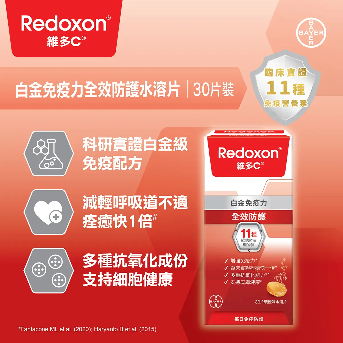 Redoxon IMMUNOPRO Multi-Vita Formula Effervescent Tablets (Orange Flavour) 30pcs